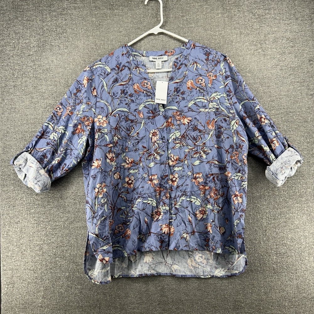Nine West Roll-Tab Sleeves Blouse Top Women Size XL‎ Blue Floral Print NEW $59